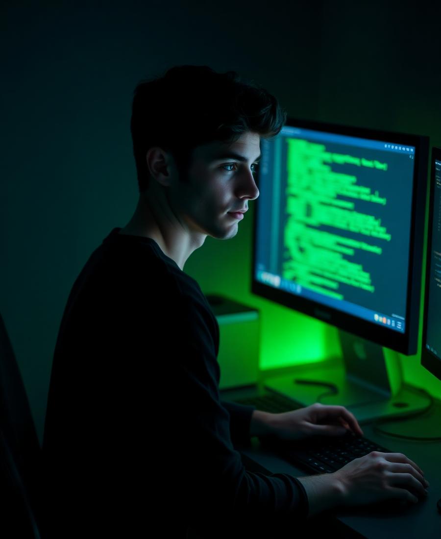 Gjokica Aleksovski working at a dark desk setup with code on screen