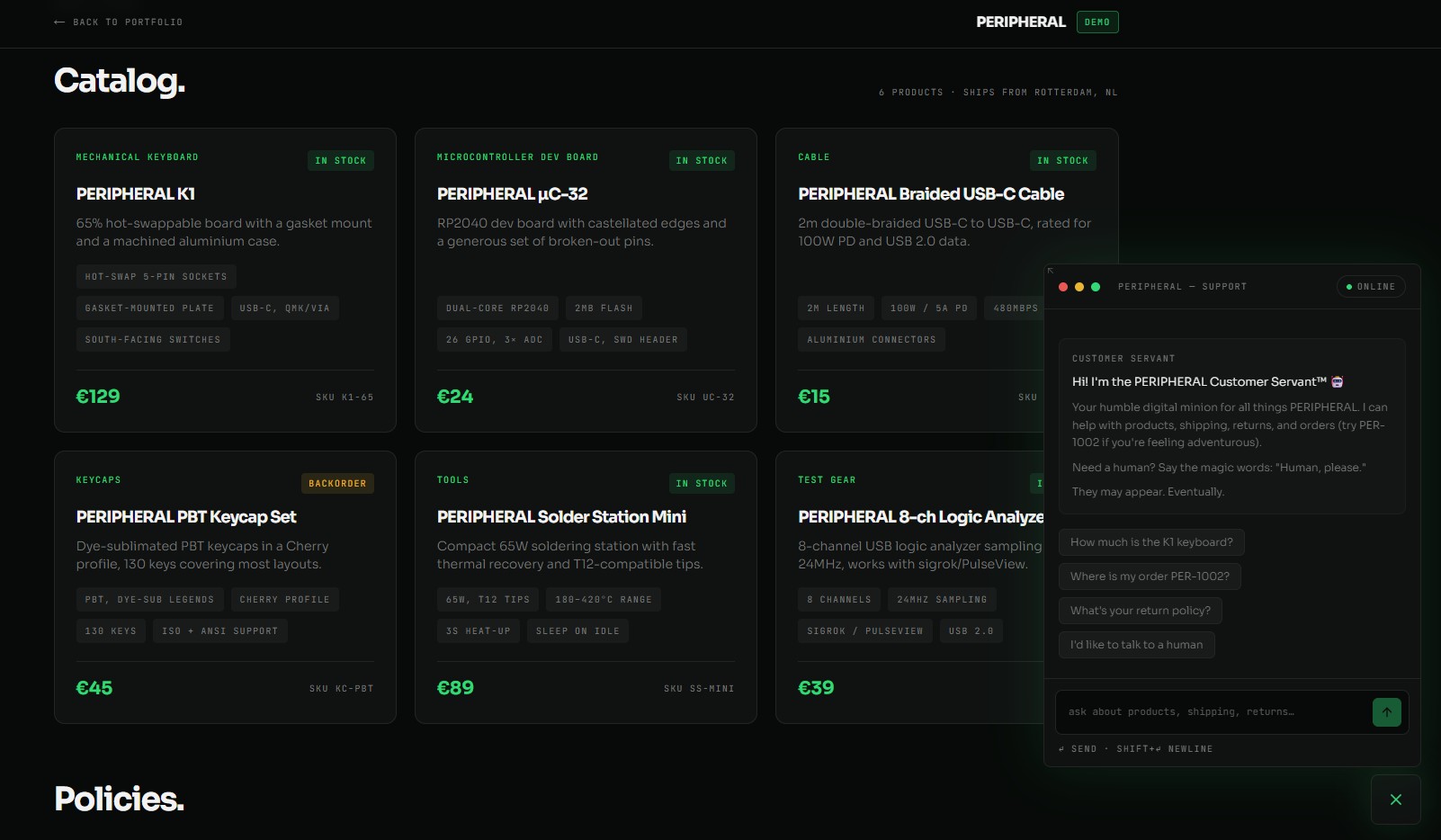 PERIPHERAL storefront with an AI support chat
